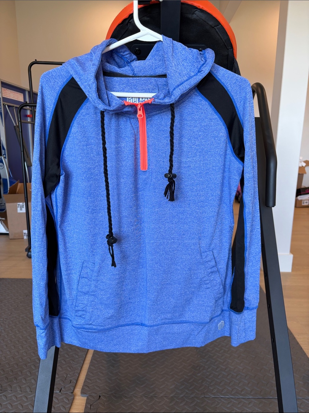 BKE Blue Hooded Pullover Sweatshirt with Black Accents and Orange Zip